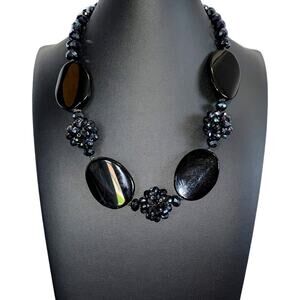 Vintage Black Glass Cluster Statement Necklace 17"
